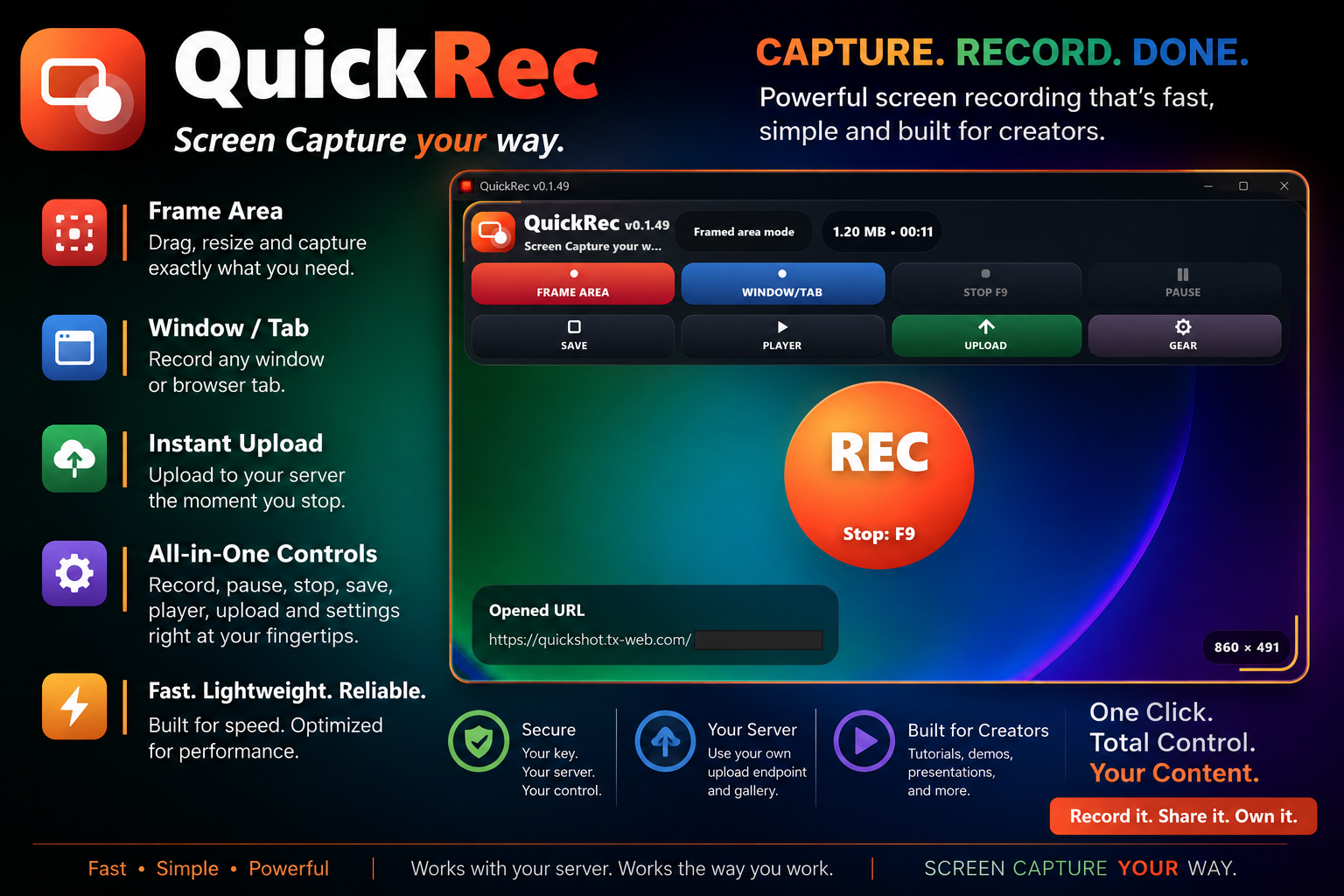 QuickRec screen recording advertisement showing frame area, window tab, upload, and player controls