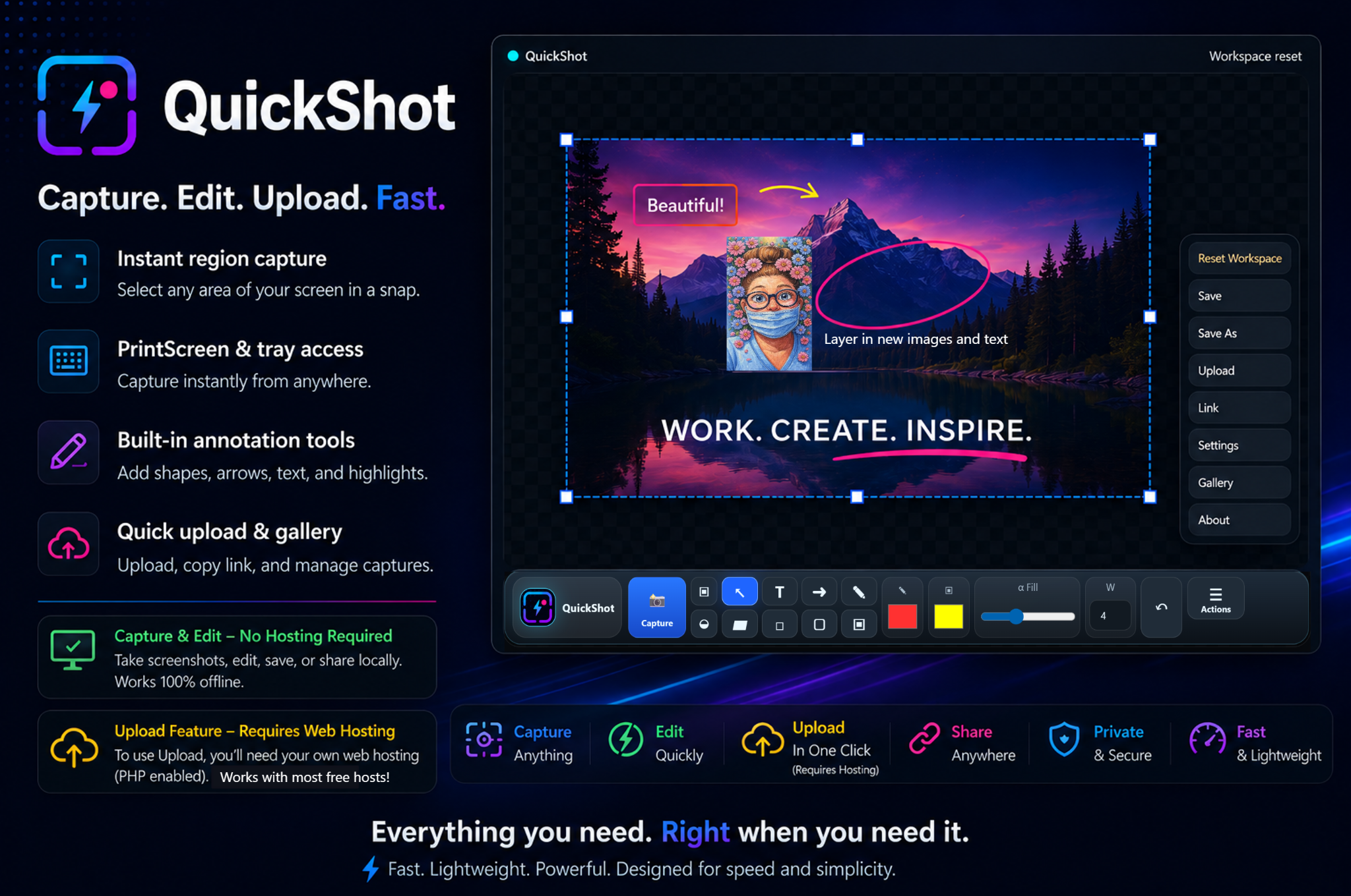QuickShot Pro software advertisement showing the app workspace and upload features